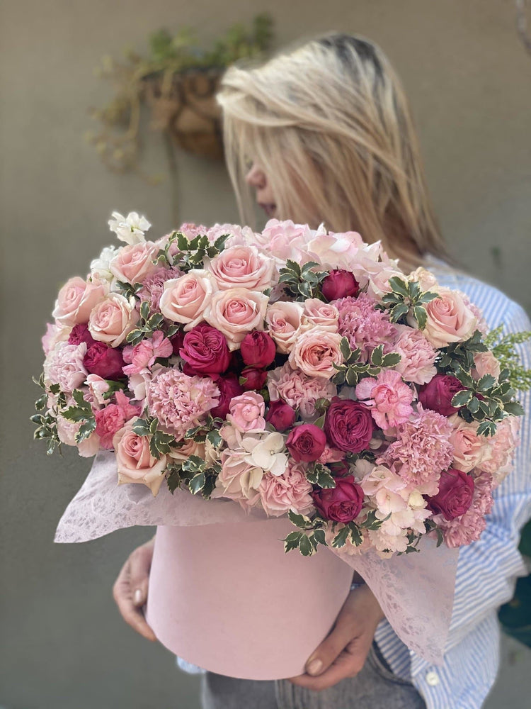 Alexandra ( Arrangement of garden roses, hydrangea, stachys, and carnations in round box) - Los Angeles Florist - Pink Clover