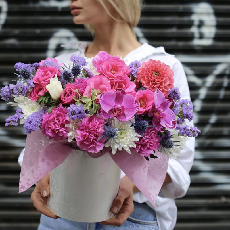 Iona(Colorful dahlias garden roses and carnations in round box) - Round box