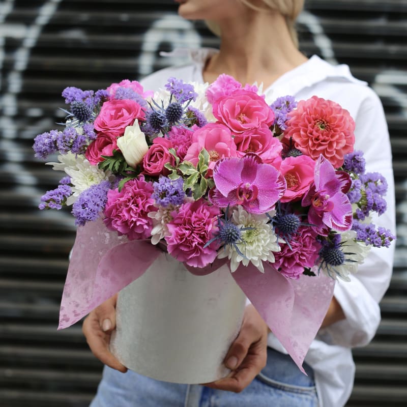 Iona(Colorful dahlias garden roses and carnations in round box) - Round box