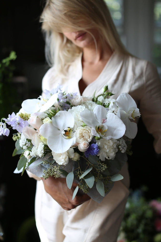 Lucie(White orchids with carnations and English roses arrangement ) - Los Angeles Florist - Pink Clover