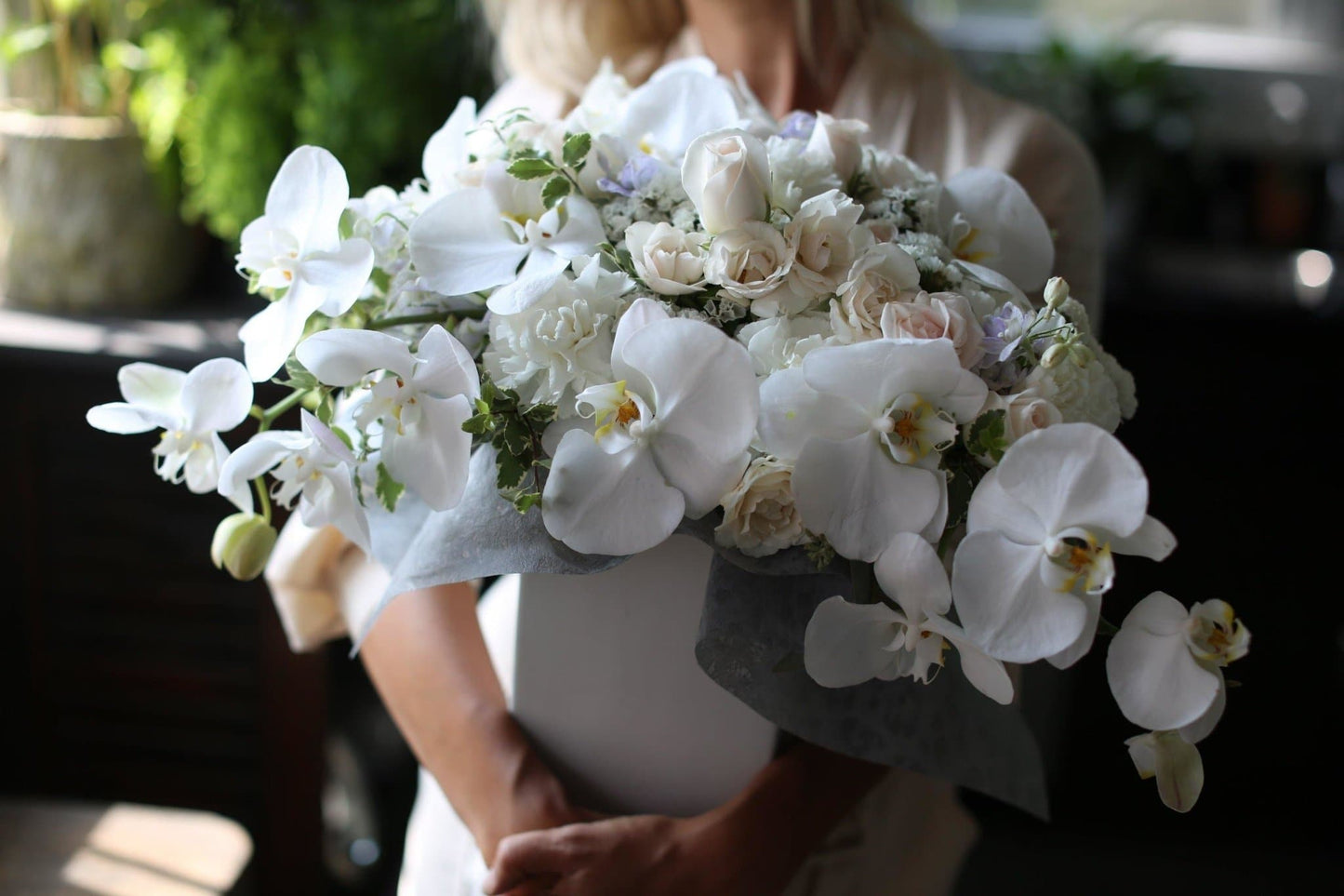 Nella(Arrangement with orchids in tall vase) - Los Angeles Florist - Pink Clover